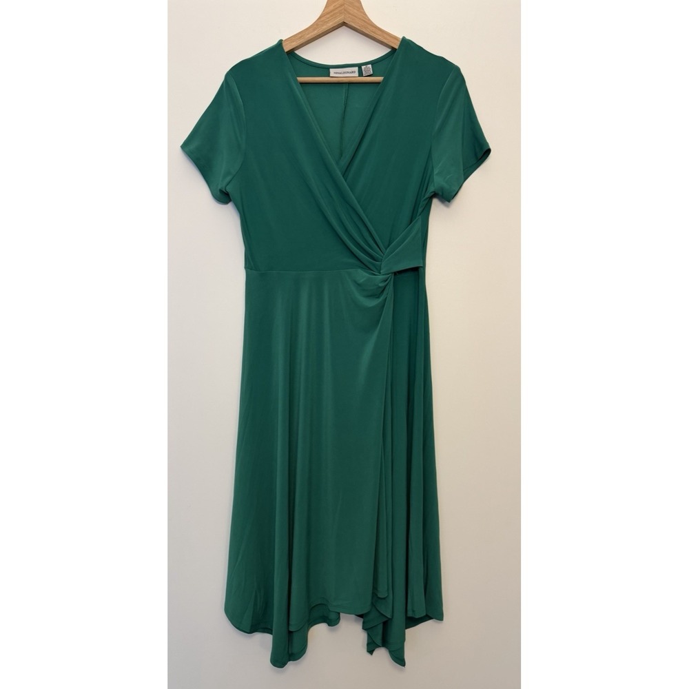 Nina Leonard Women's Faux Wrap Midi Dress Green Size M Shark Bite Hem A-Line - Picture 6 of 16